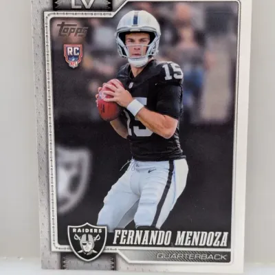 Topps Fernando Mendoza Las Vegas Raiders rookie trading card, featuring the quarterback in uniform.