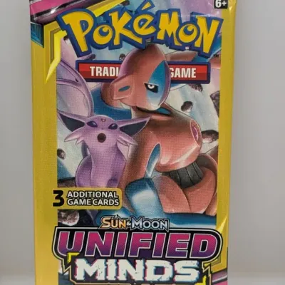 Sealed Pokémon Sun & Moon Unified Minds 3-card booster pack featuring Deoxys and Espeon artwork.