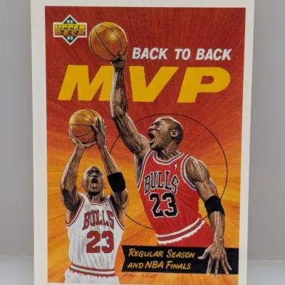 1992-93 Upper Deck Michael Jordan 'Back to Back MVP' basketball card in clean condition.