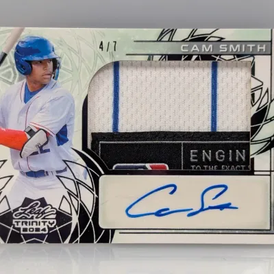 2024 Leaf Trinity Cam Smith autographed relic baseball trading card, hand-numbered 4/7.