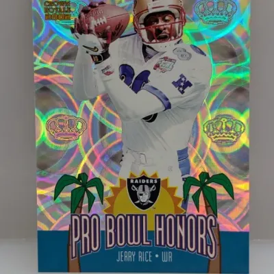 2002 Crown Royale Pro Bowl Honors Jerry Rice trading card featuring holographic finish and Raiders logo.