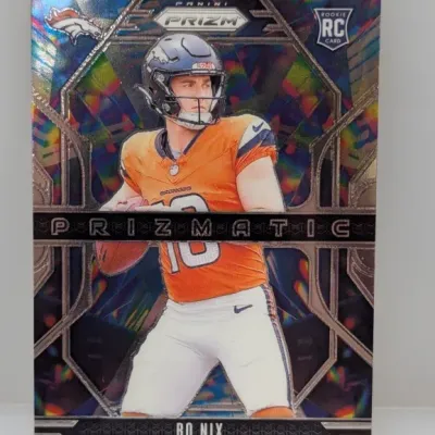 2024 Panini Prizm Prizmatic Bo Nix rookie trading card featuring a rainbow holographic background.