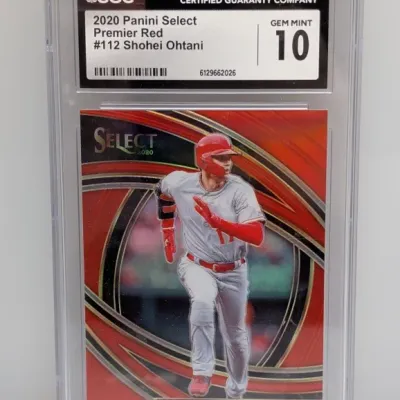 CGC-graded Gem Mint 10 copy of a 2020 Panini Select Premier Red #112 Shohei Ohtani baseball card.