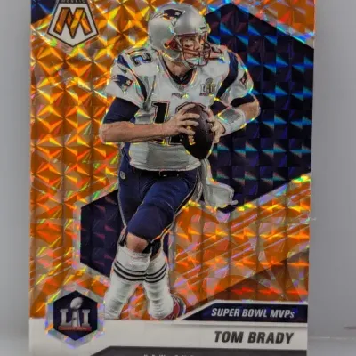 Panini Mosaic Tom Brady Super Bowl MVPs orange reactive mosaic Prizm trading card featuring him in his New England Patriots uniform.