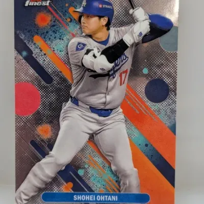 Shohei Ohtani Topps Finest baseball trading card featuring him in a Los Angeles Dodgers uniform, presented in excellent condition.