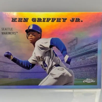 Topps Chrome Ken Griffey Jr. Seattle Mariners baseball trading card featuring a metallic refractor finish.