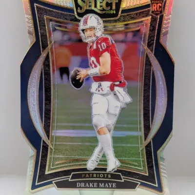 2024 Panini Select Drake Maye rookie trading card featuring a die-cut Prizm design.