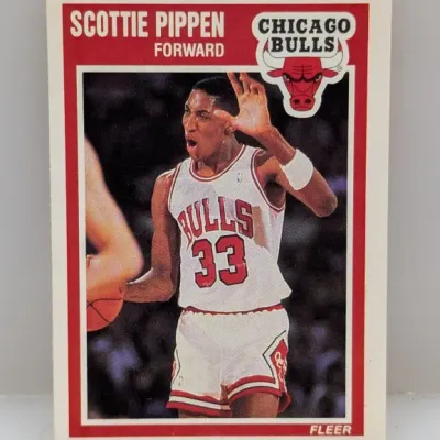 1988-89 Fleer Scottie Pippen rookie basketball trading card #20 featuring the Chicago Bulls forward in decent vintage condition.