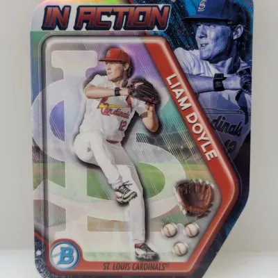 Bowman "In Action" modern die-cut baseball trading card featuring Liam Doyle of the St. Louis Cardinals in good condition.