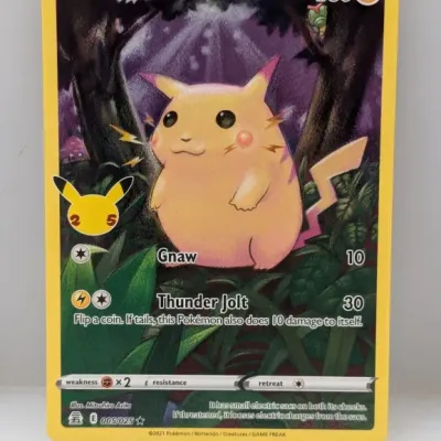 2021 Pokémon Celebrations 25th Anniversary Pikachu full-art trading card (005/025) illustrated by Mitsuhiro Arita, in excellent condition.