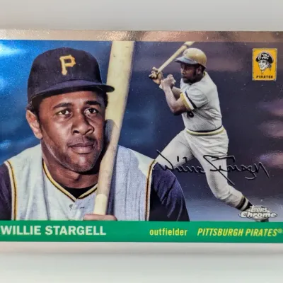 Topps Chrome Willie Stargell Pittsburgh Pirates baseball card featuring a metallic border and facsimile signature.