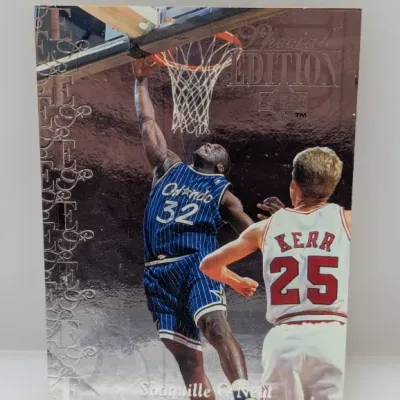 1994-95 Upper Deck Special Edition Shaquille O'Neal basketball card featuring foil accents and an action shot with Steve Kerr.