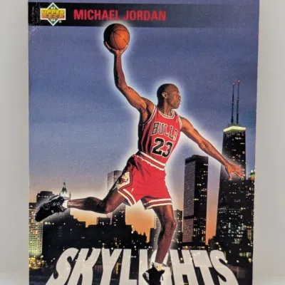 1993-94 Upper Deck Skylights Michael Jordan basketball card featuring an iconic action shot set against the Chicago skyline.