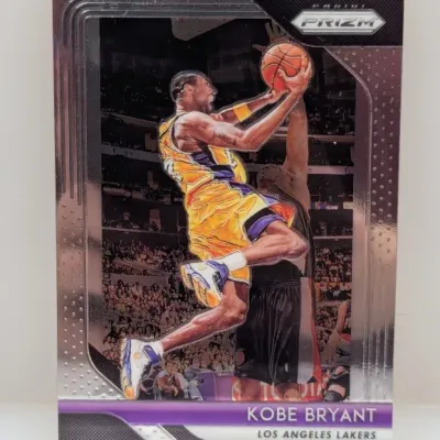 Panini Prizm Kobe Bryant Los Angeles Lakers basketball trading card featuring an illustrated action shot.