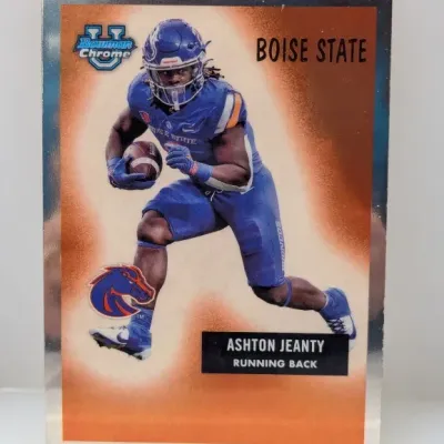 Bowman Chrome U trading card featuring Ashton Jeanty, running back for Boise State Broncos.