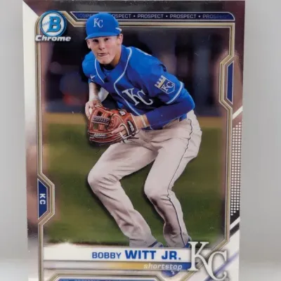 Bowman Chrome Bobby Witt Jr. Kansas City Royals prospect baseball card in sharp condition.
