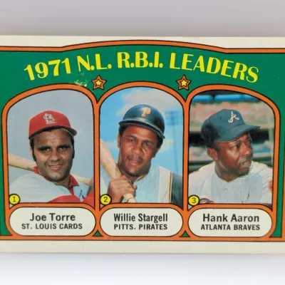 1972 Topps #85 1971 N.L. R.B.I. Leaders baseball card featuring Joe Torre, Willie Stargell, and Hank Aaron.