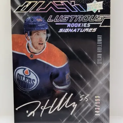 Upper Deck Black Lustrous Rookies Signatures hockey card featuring Dylan Holloway of the Edmonton Oilers, hand-numbered 143/199.