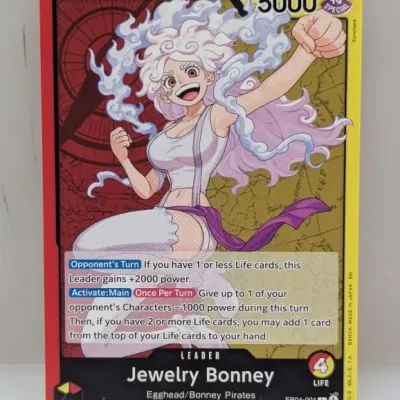 One Piece Card Game Jewelry Bonney leader trading card, model EB01-001, in near-mint condition.