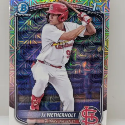 2024 Bowman Chrome 1st Bowman JJ Wetherholt Mojo Refractor prospect trading card.