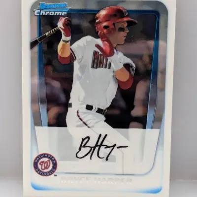 Bowman Chrome Bryce Harper Washington Nationals trading card featuring a printed signature graphic.