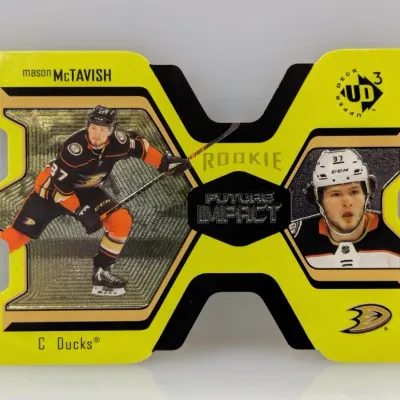 2021-22 Upper Deck UD3 Mason McTavish Future Impact die-cut rookie trading card, featuring the Anaheim Ducks center.