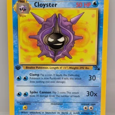 1st Edition Cloyster Pokémon trading card from the 1999 Fossil expansion set (#32/62), featuring artwork by Kagemaru Himeno.