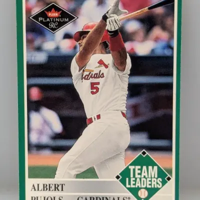 2001 Fleer Platinum Albert Pujols rookie card #RC-228, featuring the St. Louis Cardinals star player with a green border and 'Team...