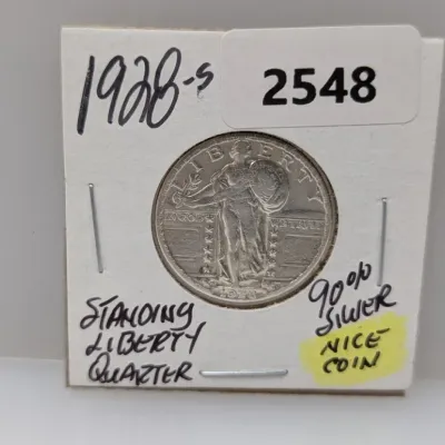 1928-S Standing Liberty silver quarter coin, 90% silver, displayed in a cardboard flip holder.