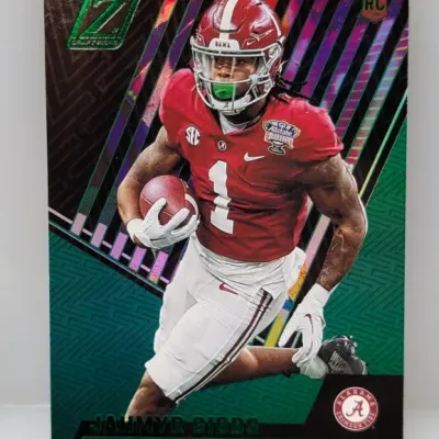 2023 Zenith Draft Picks Jahmyr Gibbs rookie card featuring him in his Alabama Crimson Tide uniform.