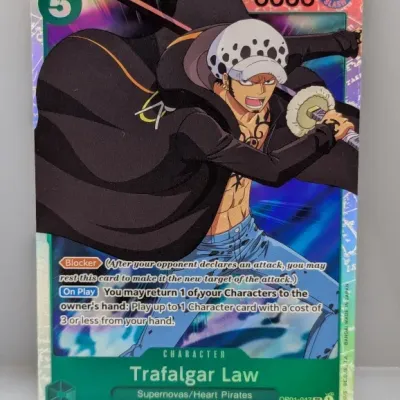 One Piece Card Game Trafalgar Law Super Rare card (OP01-047) in near-mint condition.