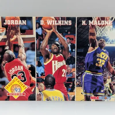 1993 NBA Hoops League Leaders Scoring trading card featuring Michael Jordan, Dominique Wilkins, and Karl Malone.