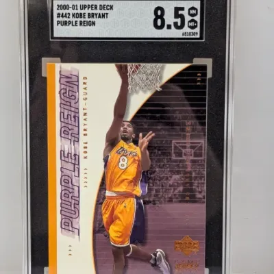 SGC 8.5 graded 2000-01 Upper Deck Kobe Bryant #442 Purple Reign basketball card encapsulated in a protective slab.