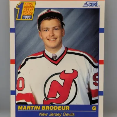 1990 Score Martin Brodeur First Round Draft Choice rookie hockey card for the New Jersey Devils.