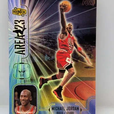 1998-99 Upper Deck Ionix 'Area 23' Michael Jordan trading card #A1. Features a holographic finish depicting Jordan in action...