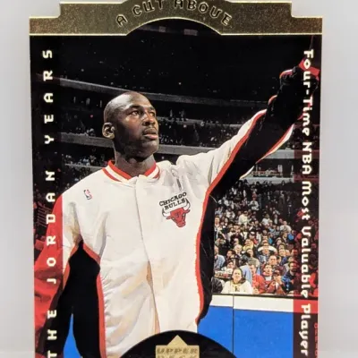 1998-99 Upper Deck 'A Cut Above' Michael Jordan basketball card #CA1. Die-cut insert card featuring the Chicago Bulls star in...