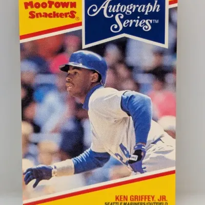 MooTown Snackers Autograph Series baseball card featuring Ken Griffey, Jr. of the Seattle Mariners, circa early 1990s.