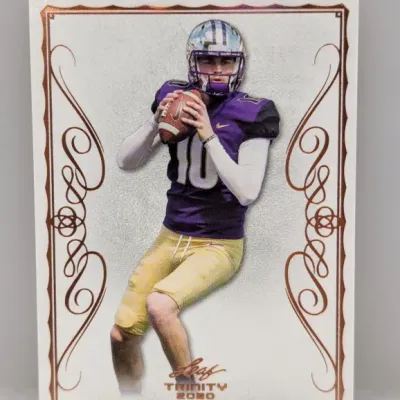 2020 Leaf Trinity Jacob Eason trading card featuring copper foil accents and border detailing.