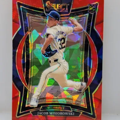 2023 Panini Select Jacob Misiorowski rookie baseball card featuring a red cracked ice prism Prizm parallel finish.