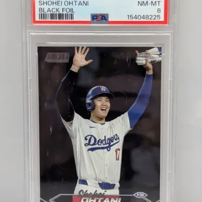 PSA-graded 8 NM-MT 2024 Topps Stadium Club Shohei Ohtani Black Foil trading card (#200).