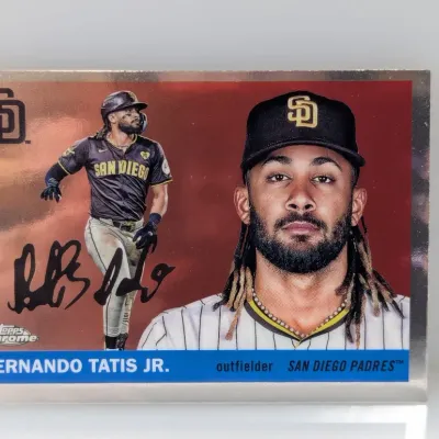Topps Chrome Fernando Tatis Jr. San Diego Padres trading card with facsimile autograph and metallic finish.