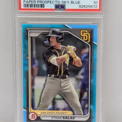 PSA-graded 10 Gem Mint 2024 Bowman Ethan Salas Paper Prospects Sky Blue parallel trading card, serial numbered 231/499.