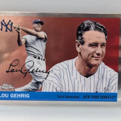 Lou Gehrig Topps Chrome metallic baseball card featuring two portraits and a printed signature on a red metallic background.