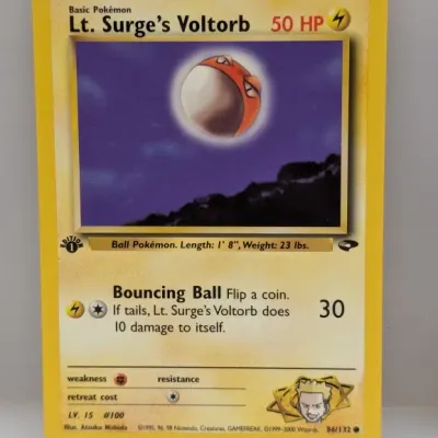 1st Edition Lt. Surge's Voltorb Pokémon trading card, Gym Heroes set, numbered 86/132 from 2000.