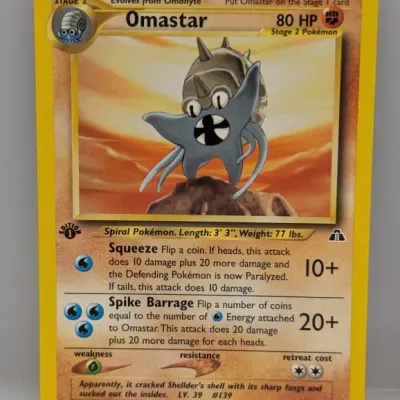 1st Edition Omastar Pokémon trading card from the Neo Discovery set, numbered 43/75 and dated 1995-2001.