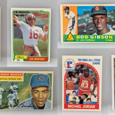 Collection of vintage sports trading cards including Stan Musial, Joe Montana, Bob Gibson, Hank Aaron, Whitey Ford, Ernie Banks, Michael...