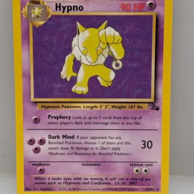 Vintage 1999 Pokémon Fossil set Hypno unlimited non-holo trading card, number 23/62, illustrated by Ken Sugimori.