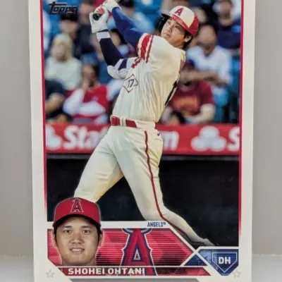 Topps Shohei Ohtani baseball trading card featuring him in a Los Angeles Angels uniform, presented in excellent condition.
