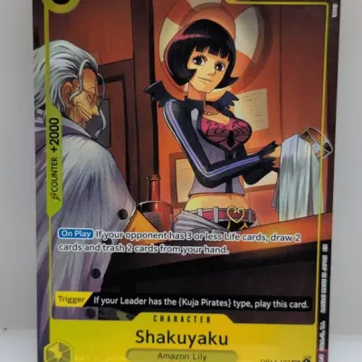 One Piece Trading Card Game Shakuyaku (OP14-107 UC) yellow character card, featuring full art illustration.