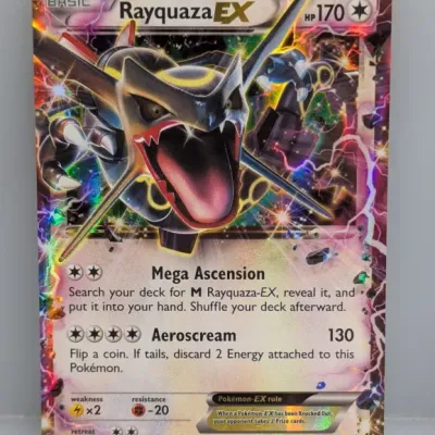 Shiny Rayquaza EX promo card XY69 from the Pokémon Trading Card Game, featuring full-art holographic foil detailing.